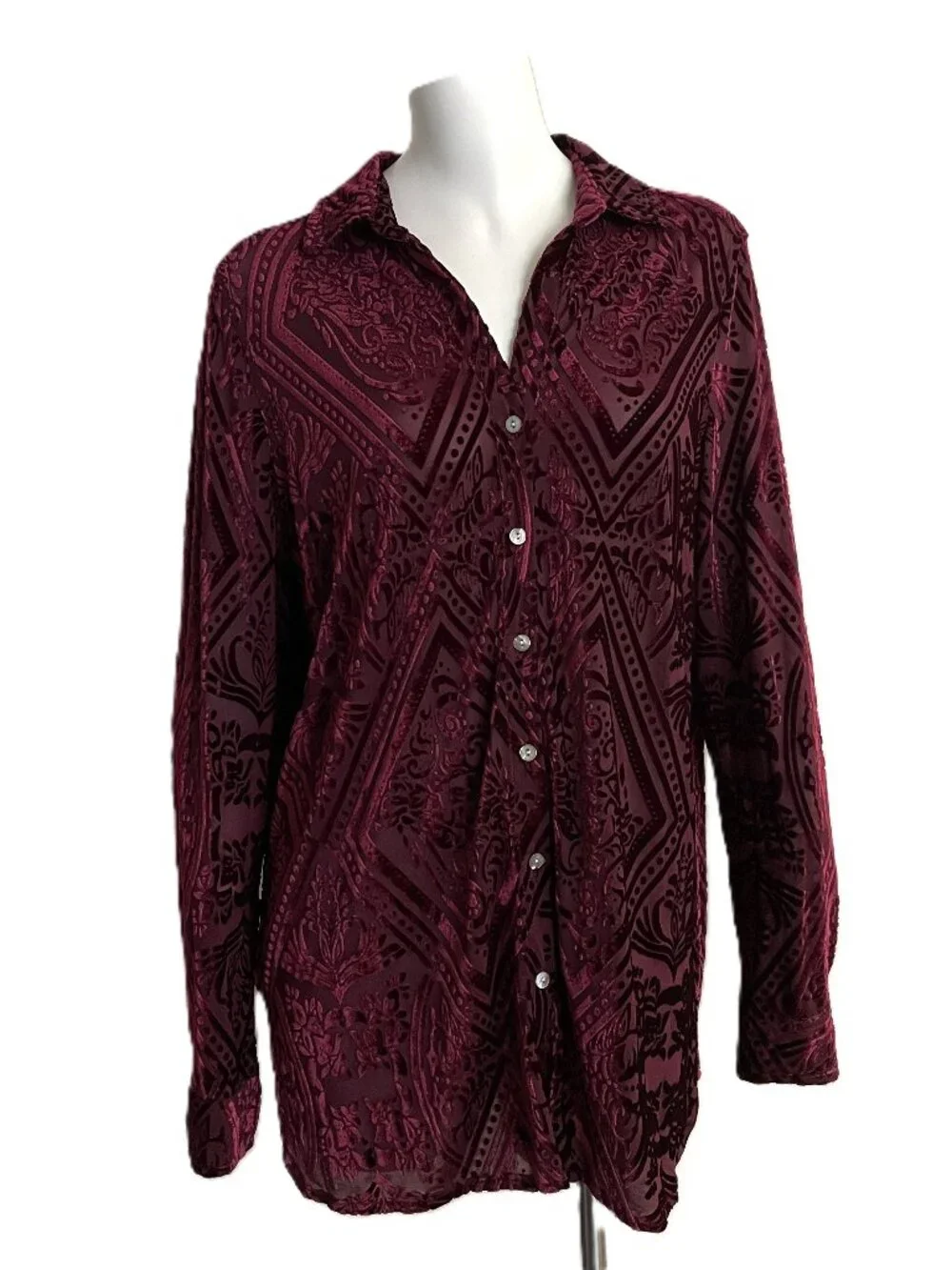 Foxcroft Top Sz 10 Burgundy Velvet Burnout Button Down Blouse Semi-Sheer Luxury